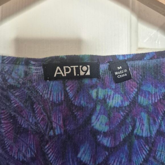 Apt. 9 Blue Purple 3/4 Sleeve V-neck Peacock Feather Top Fairy Size Medium - Picture 3 of 4